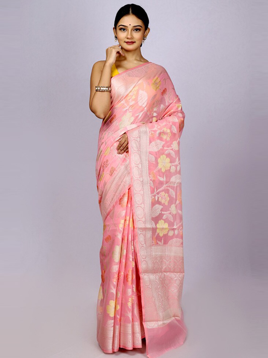 

AllSilks Floral Woven Design Zari Silk Cotton Saree, Pink