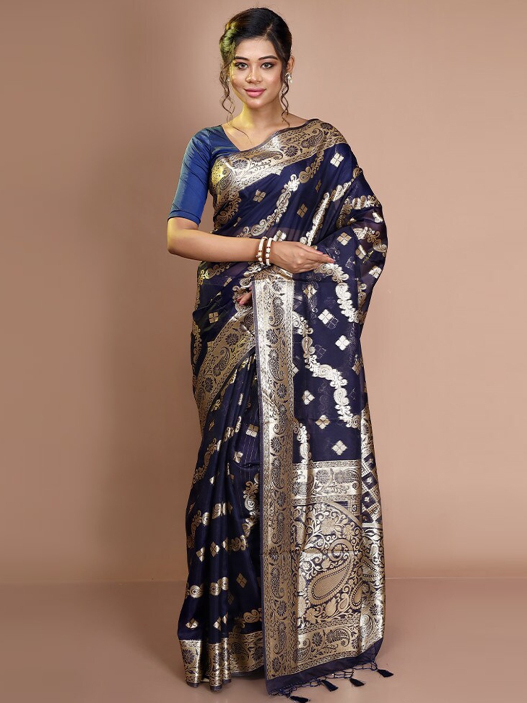 

AllSilks Ethnic Motif Woven Design Zari Organza Saree, Navy blue