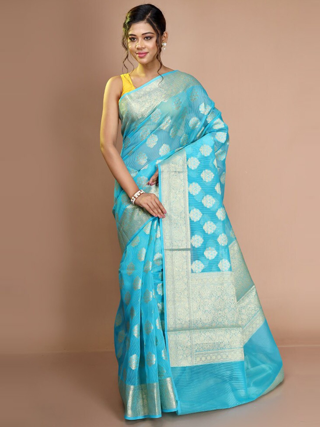 

AllSilks Ethnic Moitifs Woven Design Zari Silk Cotton Saree, Blue