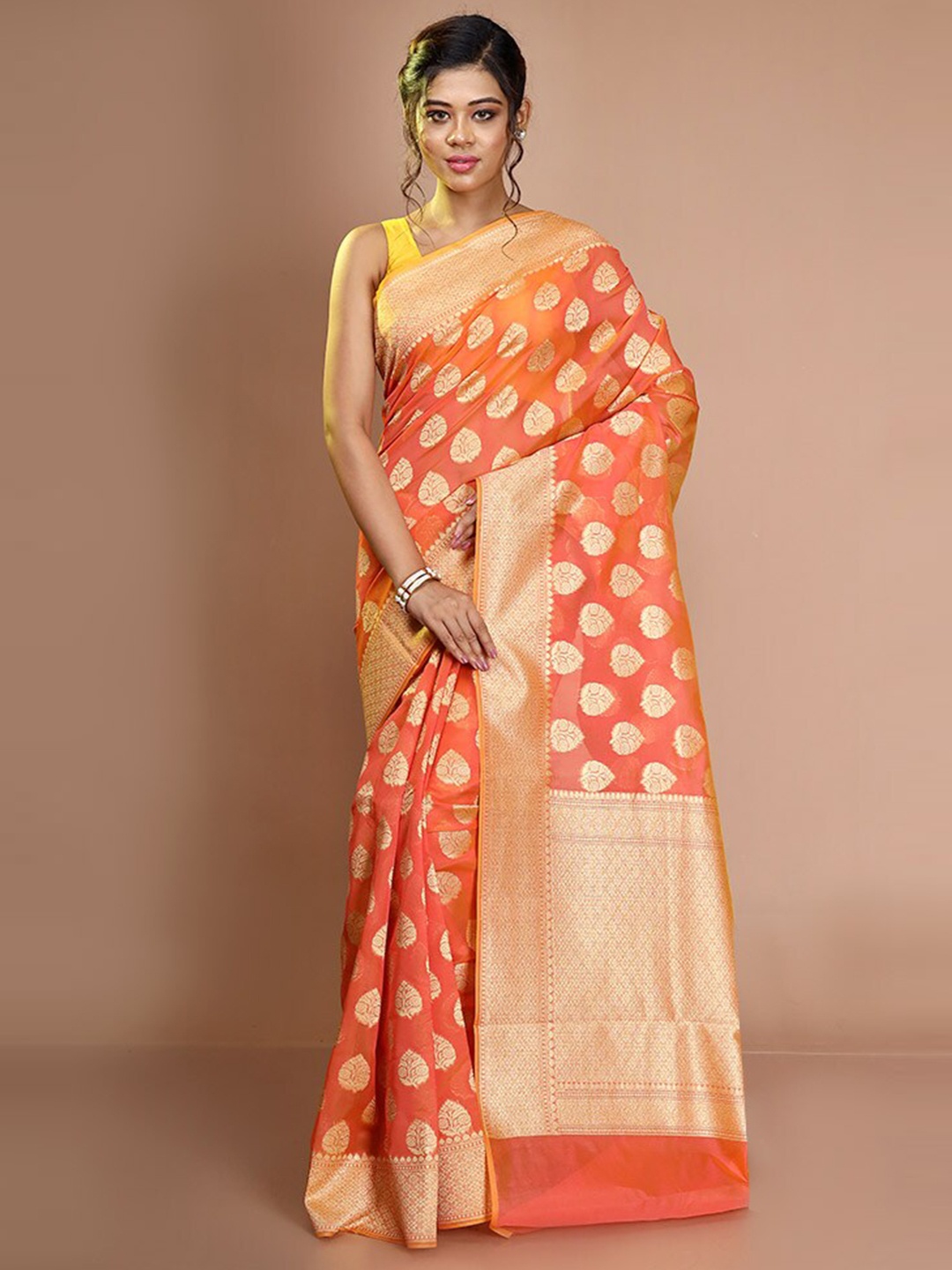 

AllSilks Ethnic Motifs Woven Design Zari Silk Cotton Saree, Orange