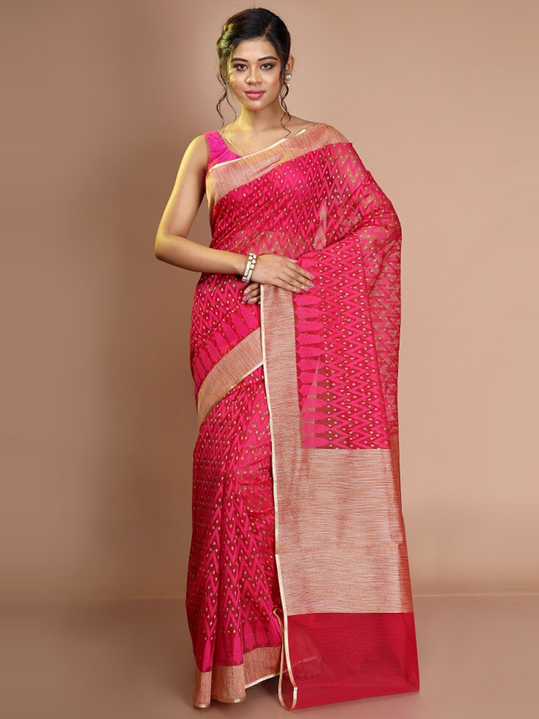 

AllSilks Ethnic Motif Zari Net Saree With Blouse Piece, Pink