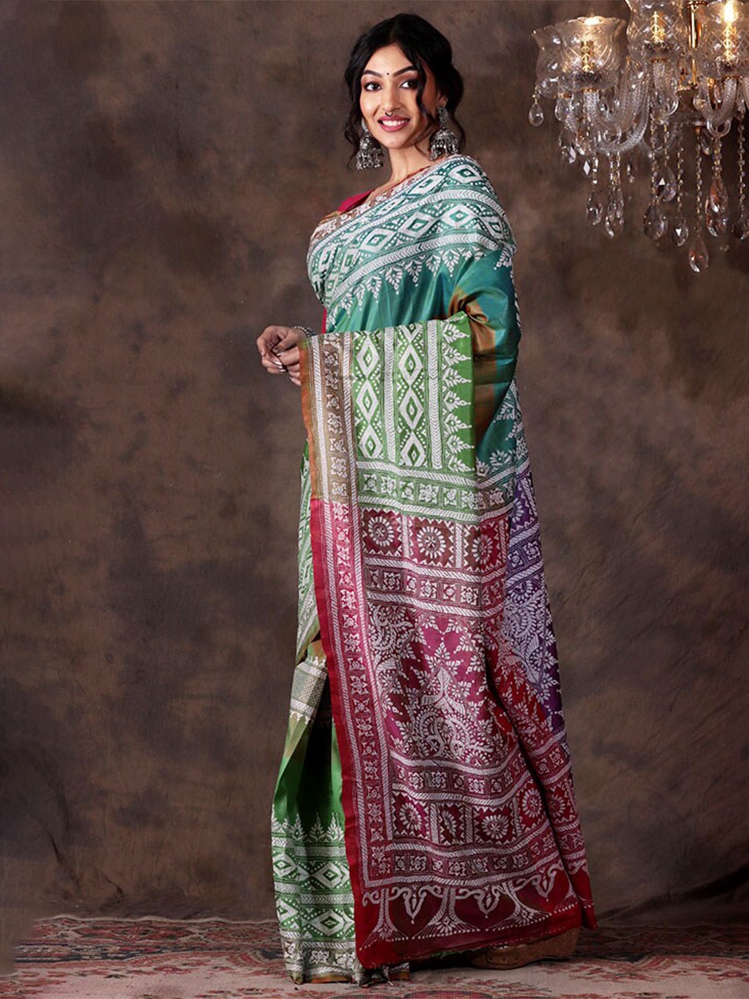 

AllSilks Ethnic Motifs Printed Pure Silk Saree, Green