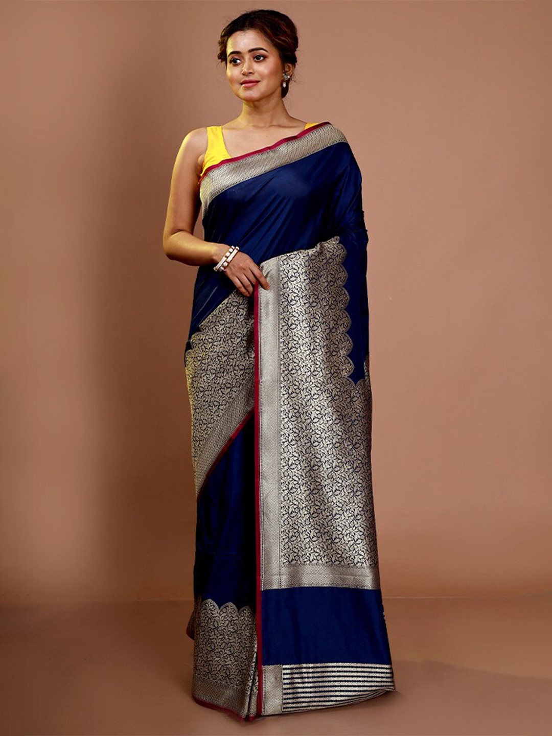 

AllSilks Woven Design Ethnic Motifs Zari Silk Blend Saree, Navy blue