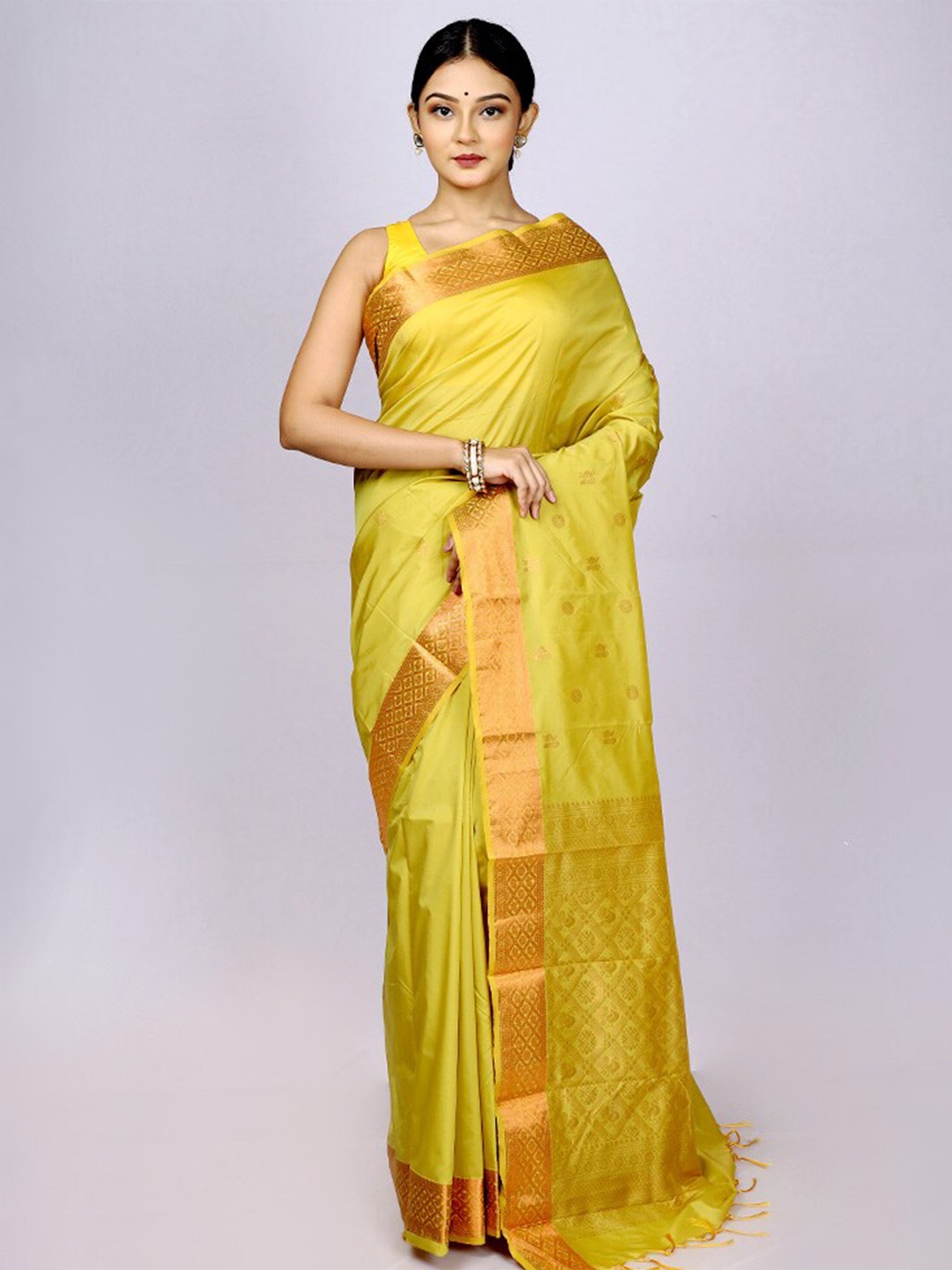 

AllSilks Woven Design Zari Silk Blend Kanjeevaram Saree, Yellow