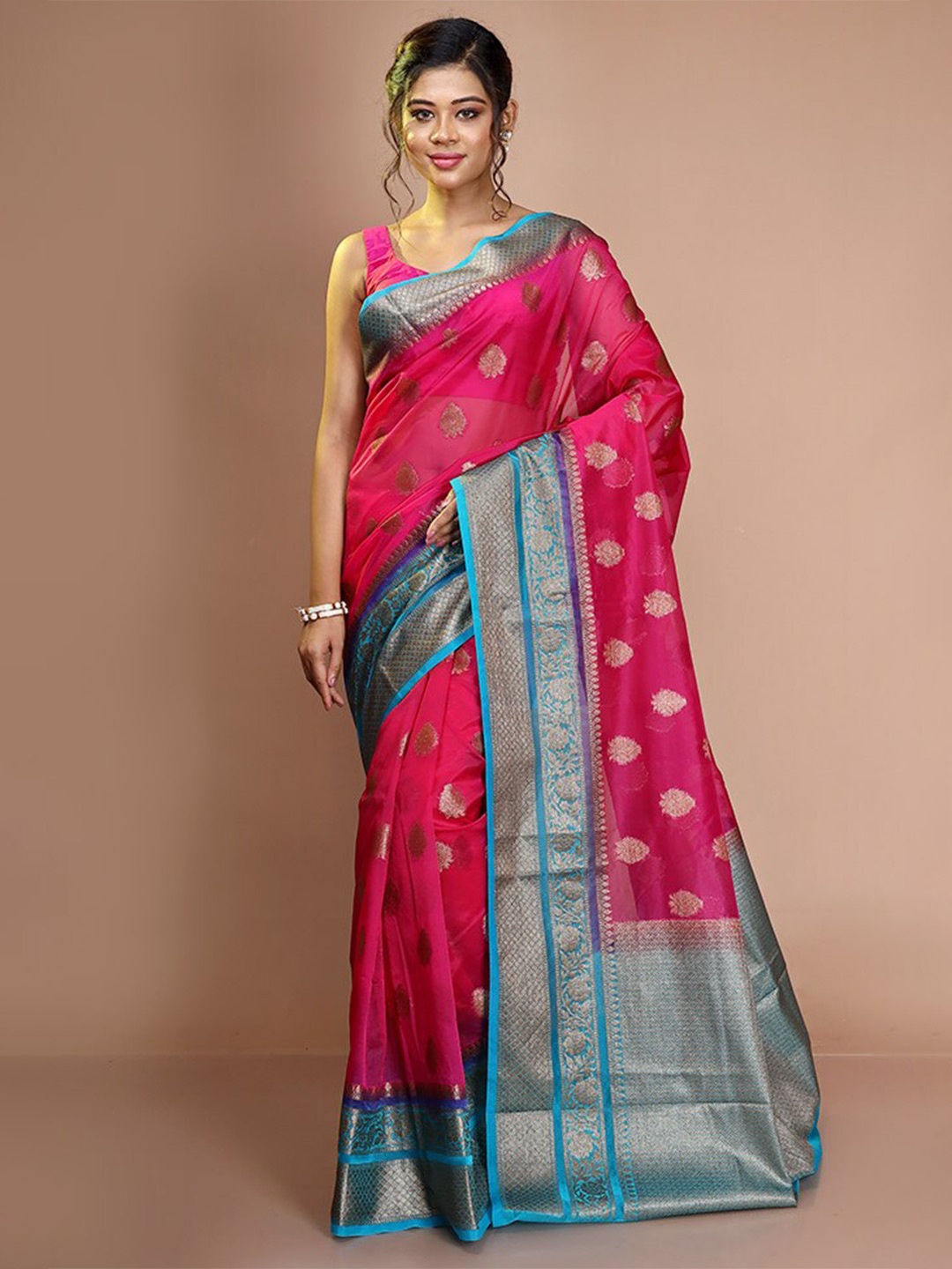 

AllSilks Ethnic Motifs Woven Design Zari Organza Saree, Pink