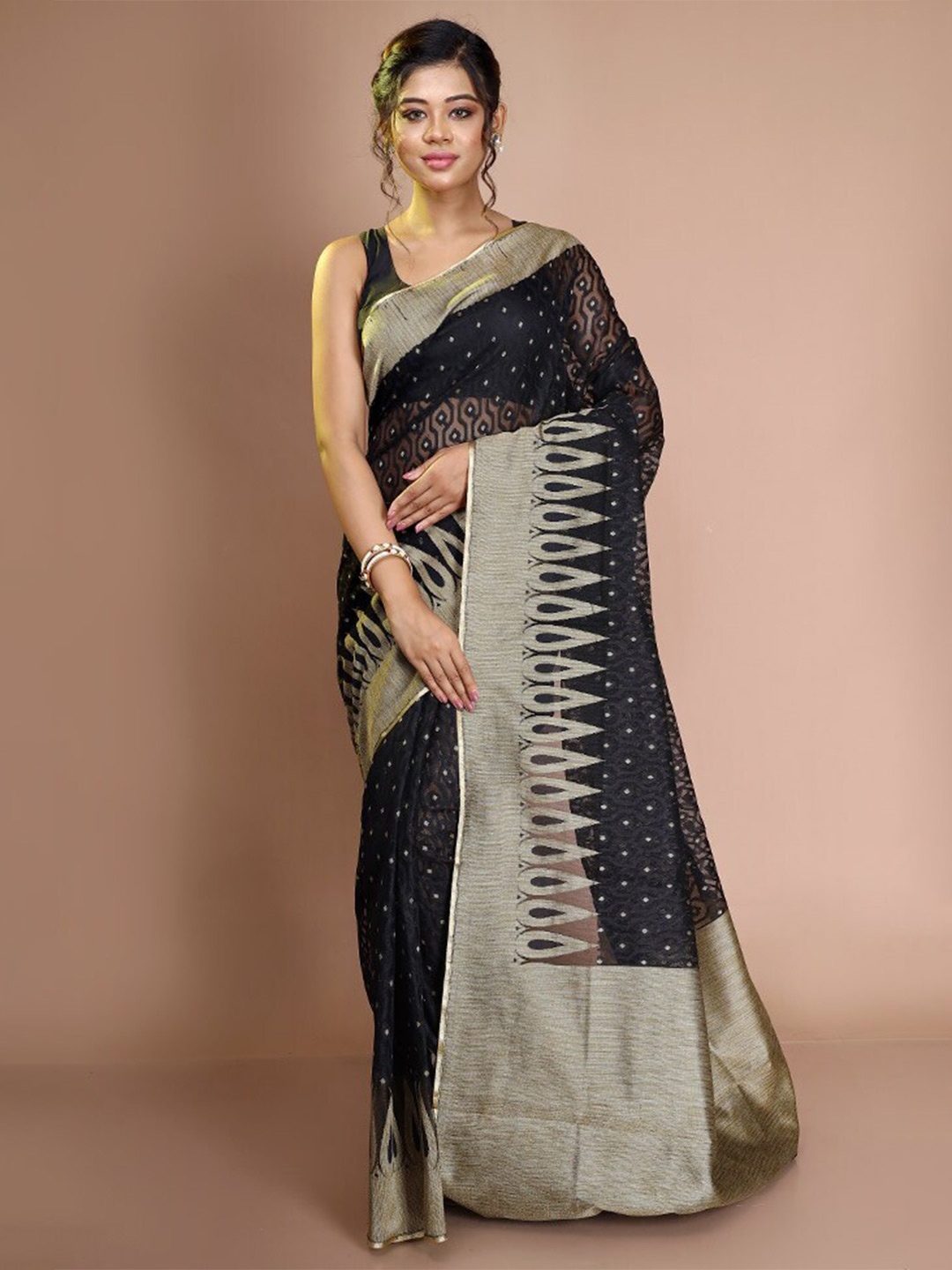 

AllSilks Woven Design Zari Net Saree, Black