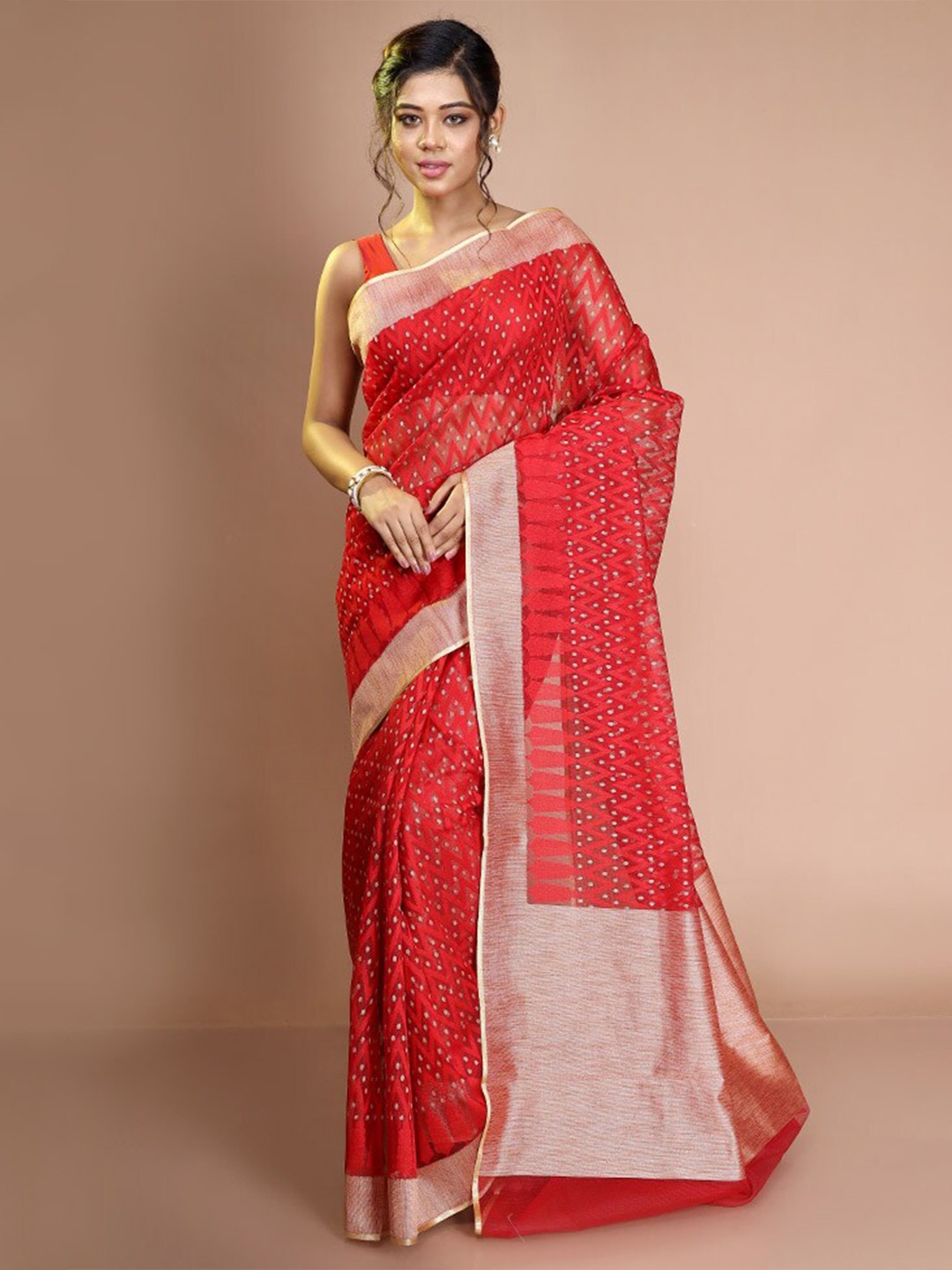 

AllSilks Woven Design Zari Net Saree, Red
