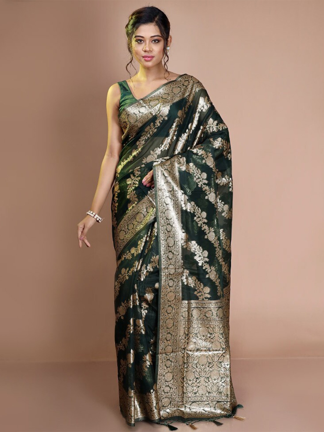 

AllSilks Floral Woven Design Zari Organza Saree, Green