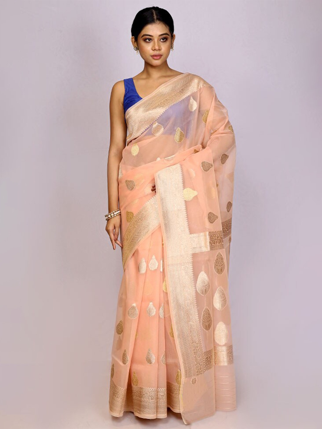 

AllSilks Woven Design Zari Silk Cotton Saree, Peach