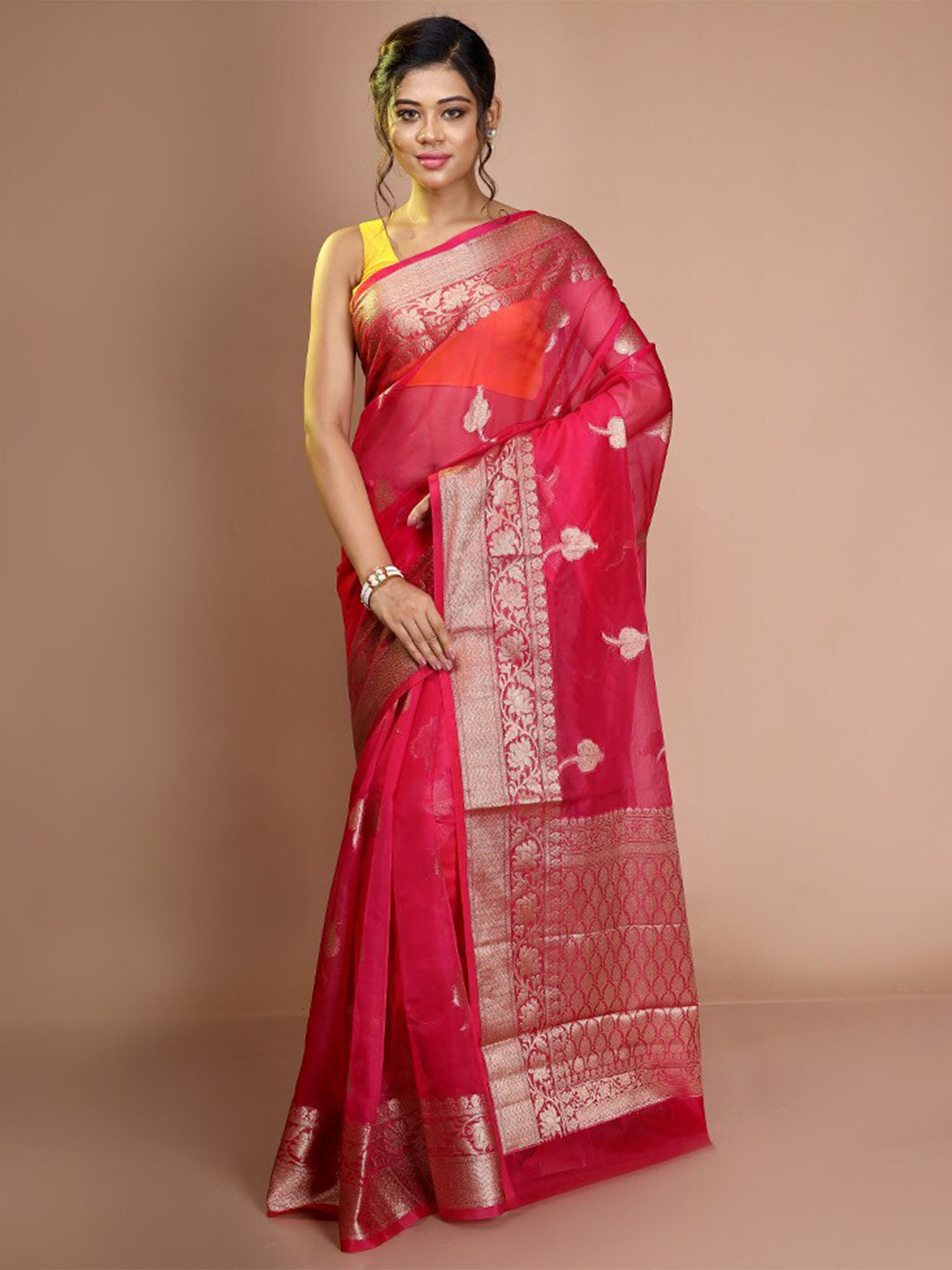 

AllSilks Woven Design Zari Organza Saree, Pink