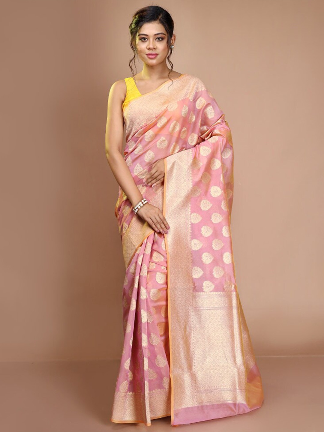 

AllSilks Ethnic Motif Zari Silk Cotton Saree With Blouse Piece, Peach