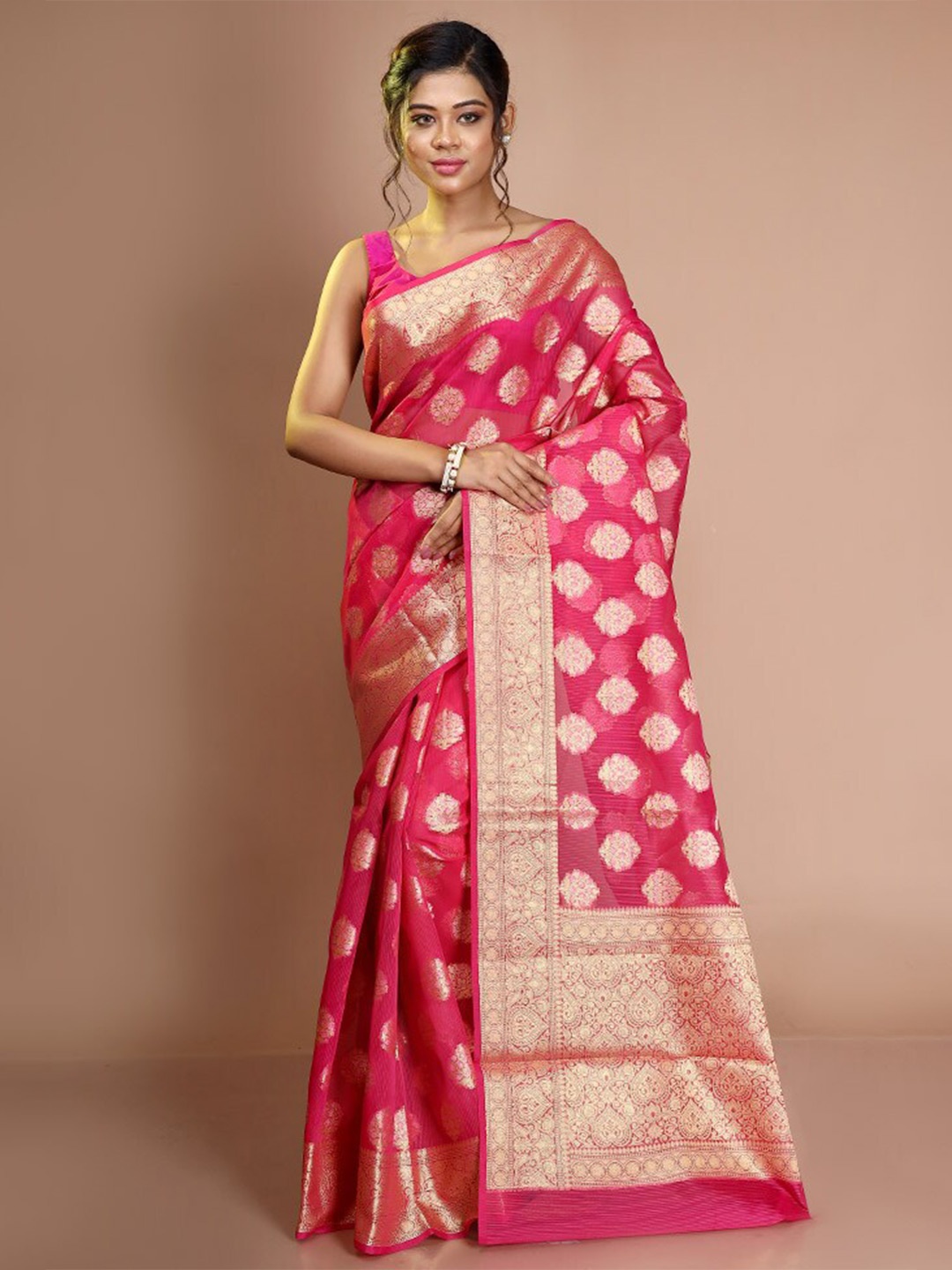 

AllSilks Woven Design Zari Silk Cotton Saree, Pink
