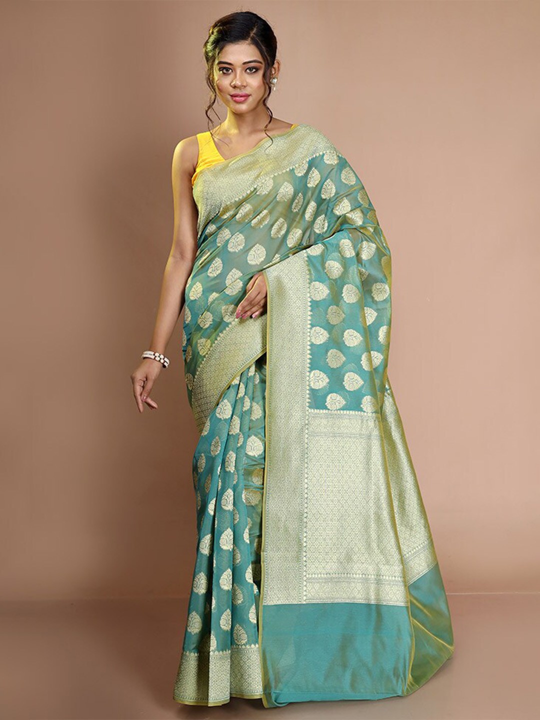 

AllSilks Ethnic Motifs Woven Design Zari Silk Cotton Saree, Green