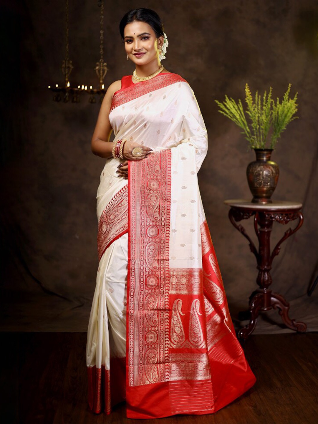 

AllSilks Woven Design Zari Pure Silk Saree, Cream