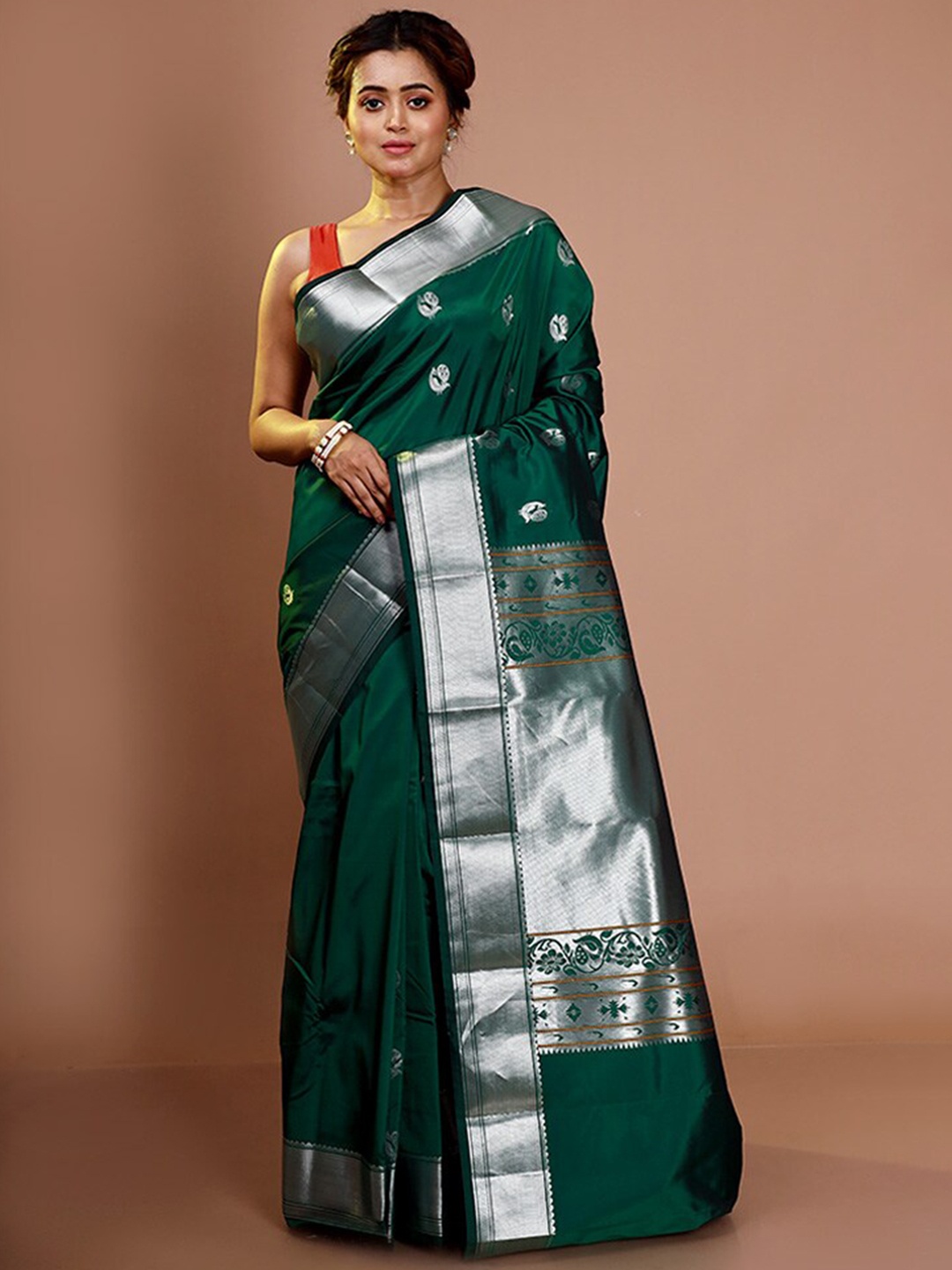 

AllSilks Ethnic Motifs Woven Design Zari Banarasi Saree, Green