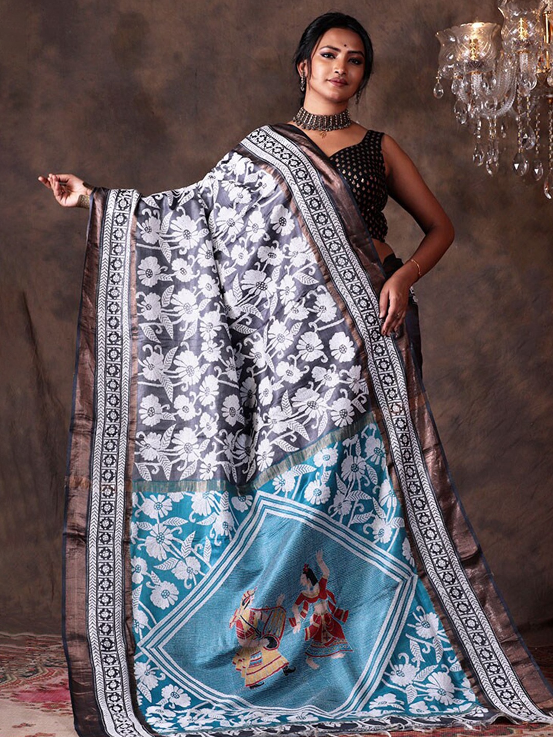 

AllSilks Floral Zari Pure Silk Saree, Grey