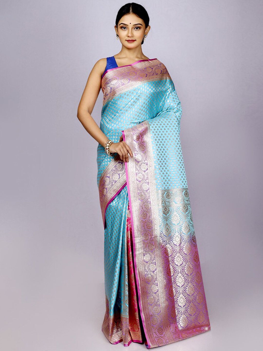 

AllSilks Woven Design Zari Silk Blend Banarasi Saree, Blue
