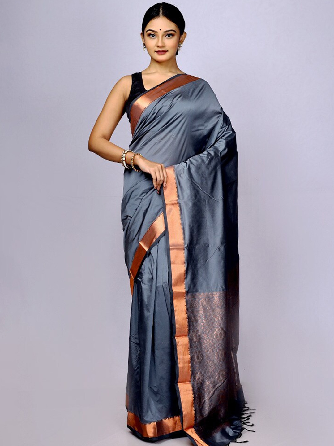 

AllSilks Zari Silk Blend Kanjeevaram Saree, Grey