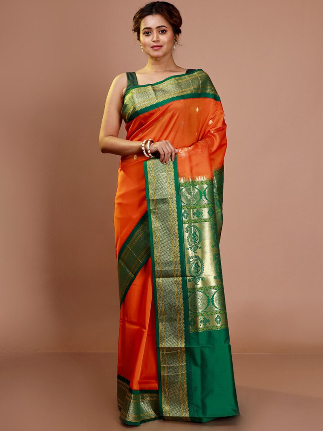 

AllSilks Ethnic Motifs Woven Design Zari Silk Blend Kanjeevaram Saree, Orange