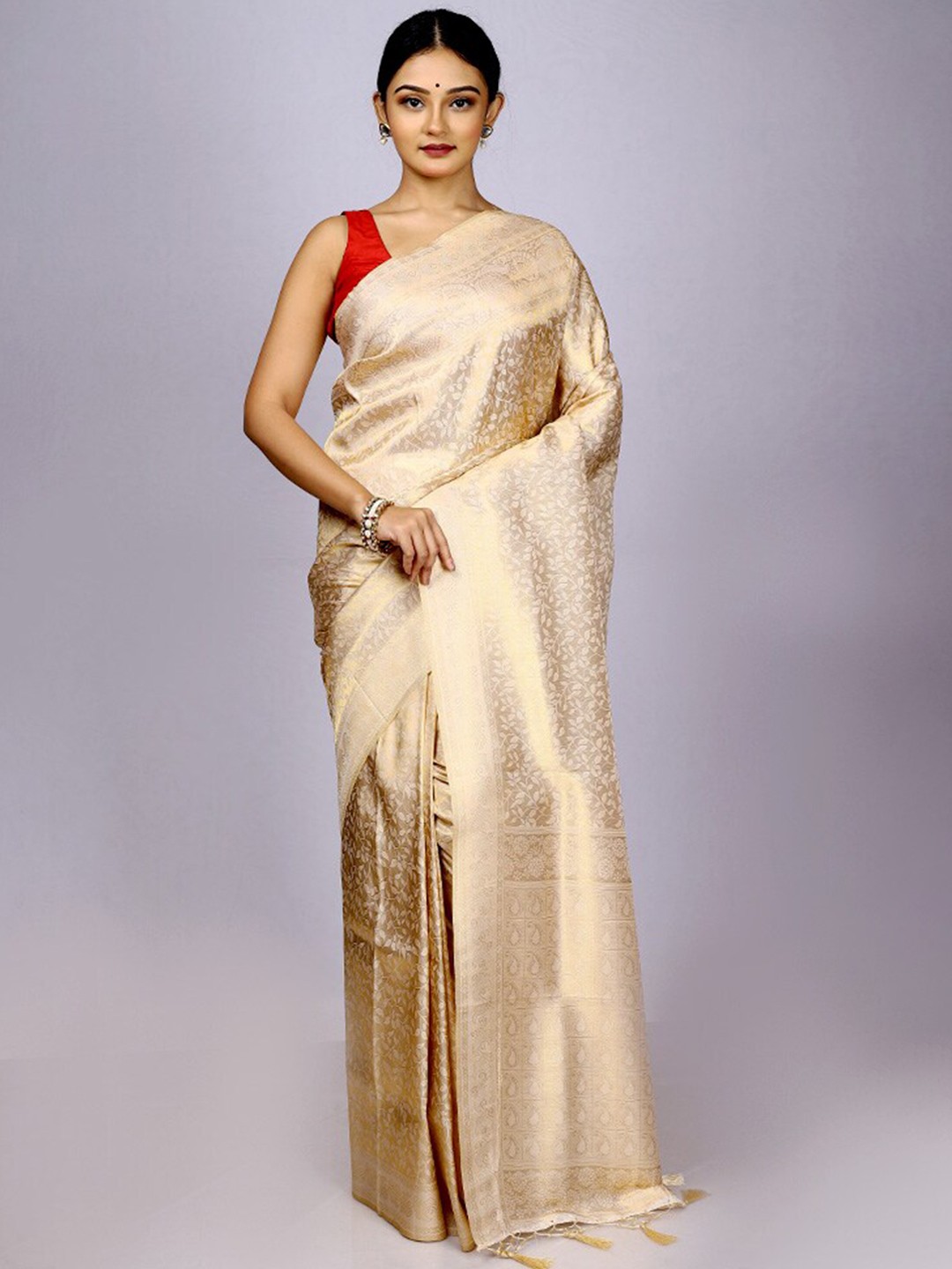 

AllSilks Woven Design Zari Silk Blend Saree, Cream