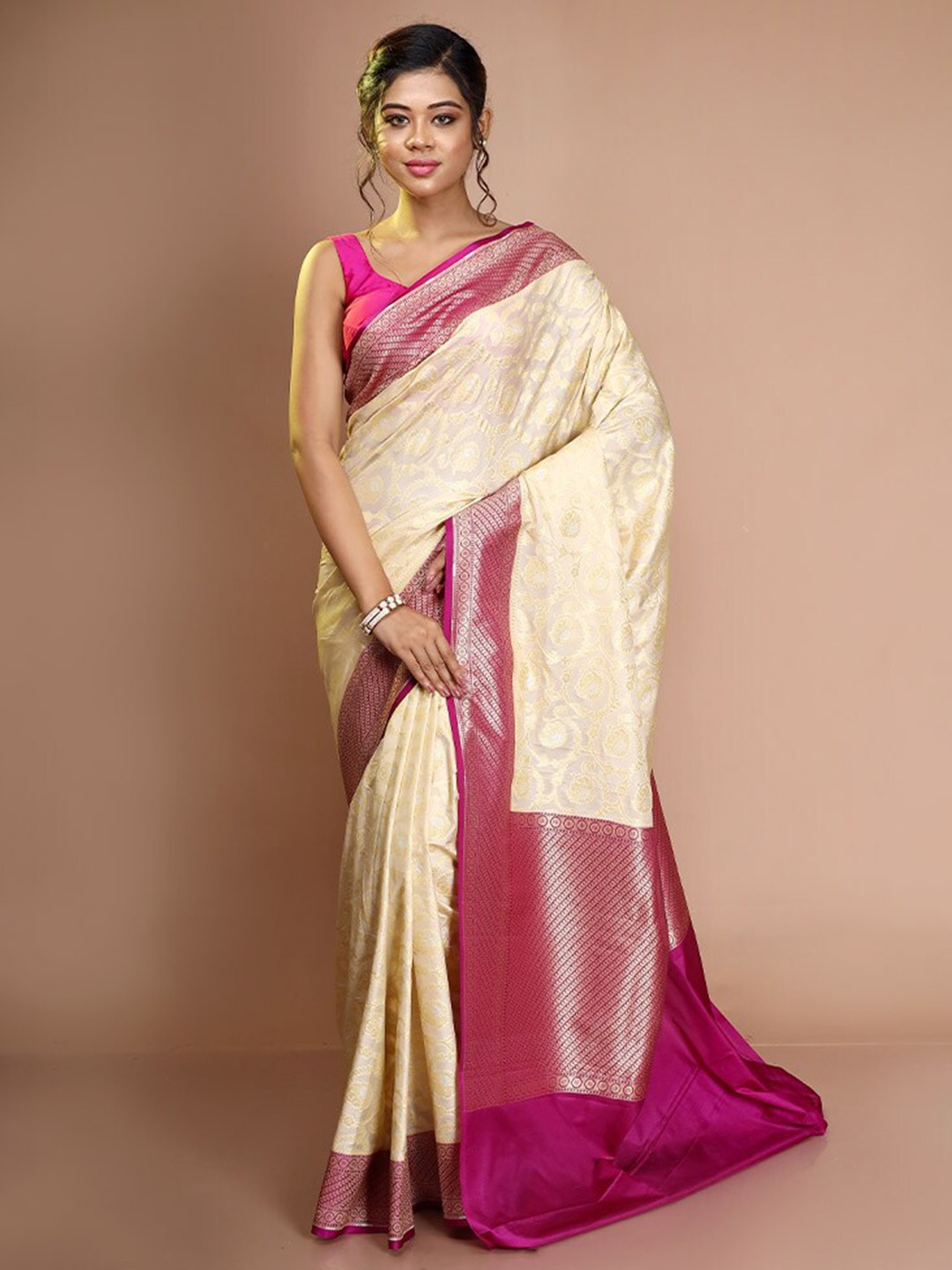 

AllSilks Ethnic Motifs Woven Design Zari Silk Blend Saree, Cream