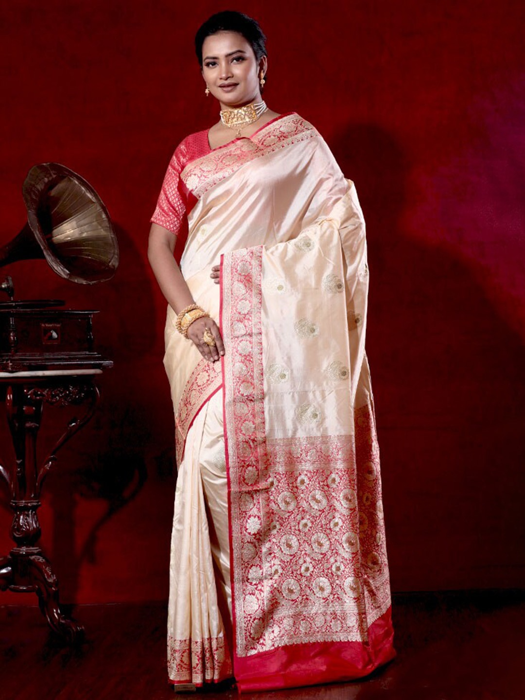 

AllSilks Woven Design Zari Pure Silk Saree, Cream