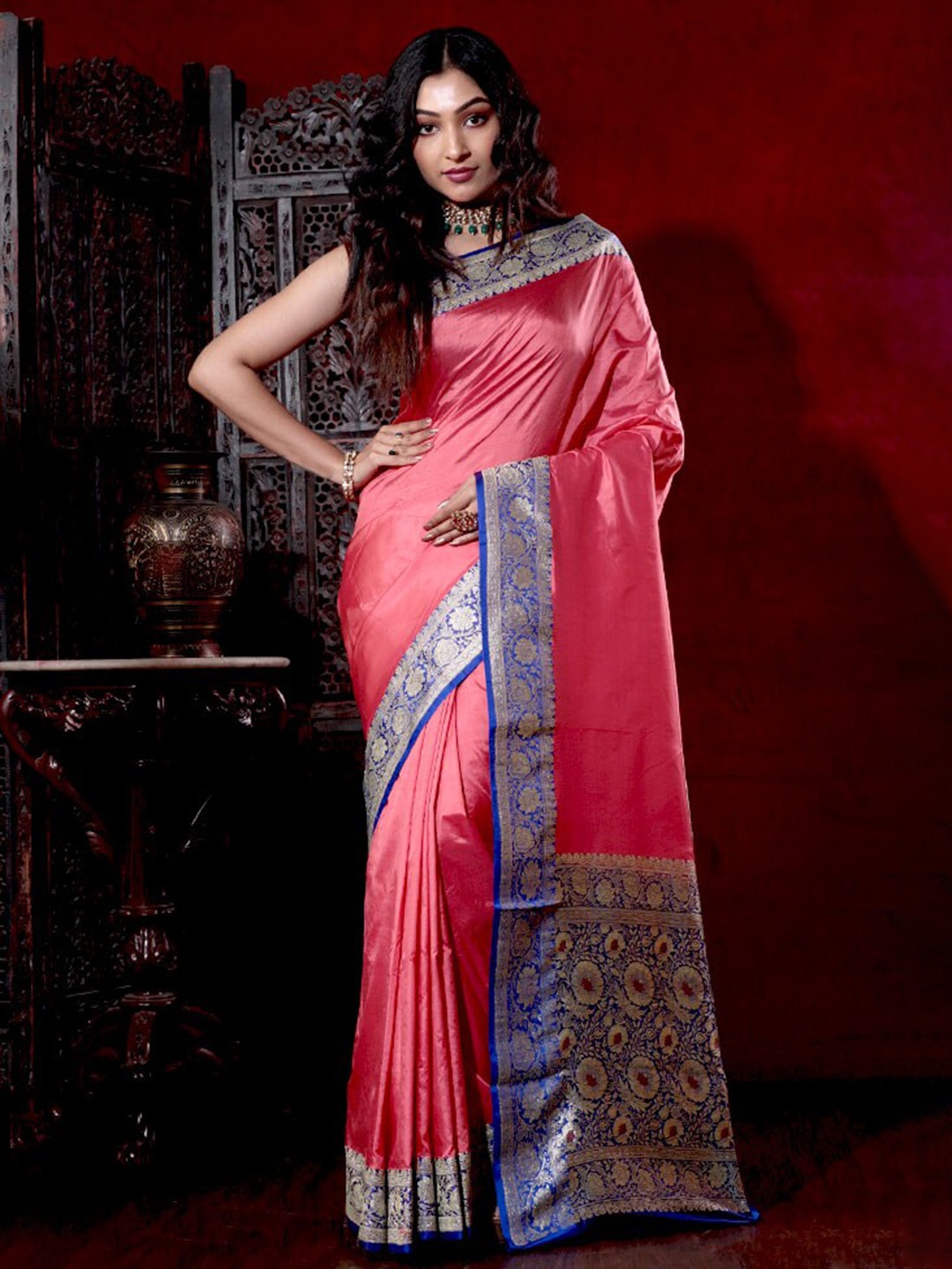

AllSilks Ethnic Motifs Woven Design Zari Silk Blend Saree, Pink