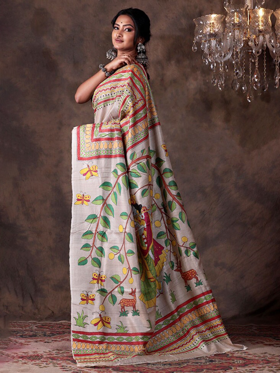 

AllSilks Ethnic Motifs Kantha Work Pure Silk Saree, Cream