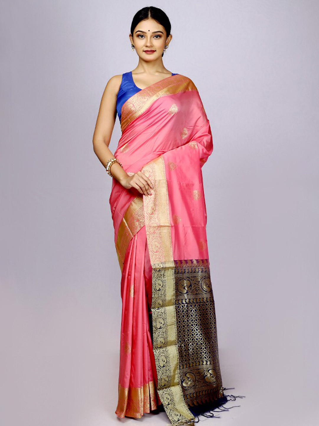 

AllSilks Ethnic Motifs Woven Design Zari Kanjeevaram Saree, Pink