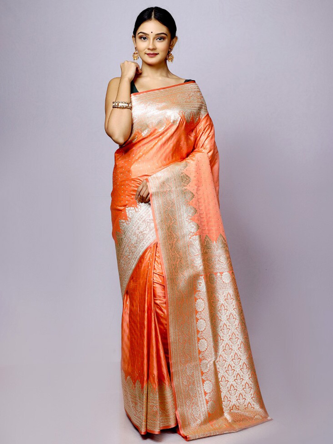 

AllSilks Woven Design Zari Silk Blend Banarasi Saree, Orange