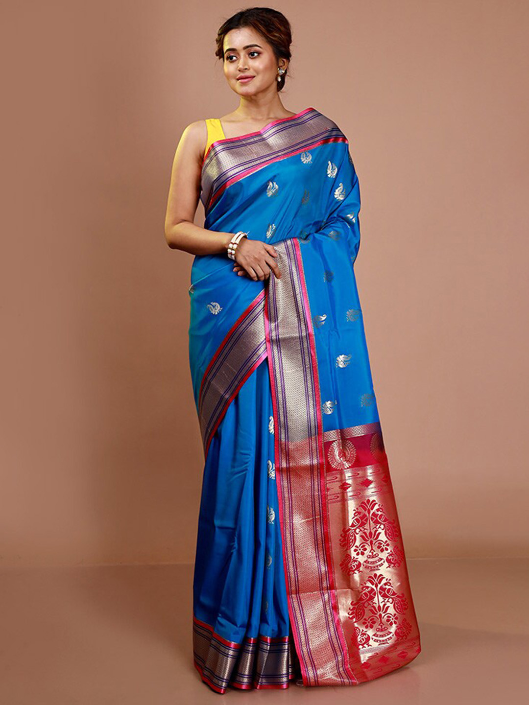 

AllSilks Ethnic Motifs Woven Design Zari Kanjeevaram Saree, Blue