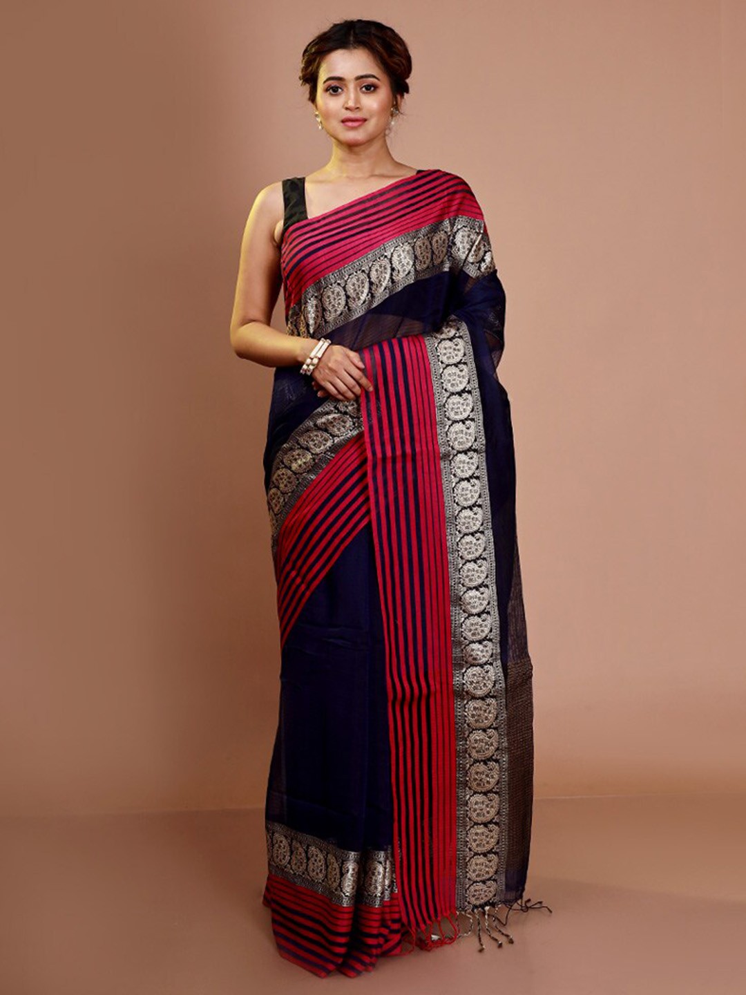

AllSilks Paisley Woven Design Pure Cotton Saree, Blue