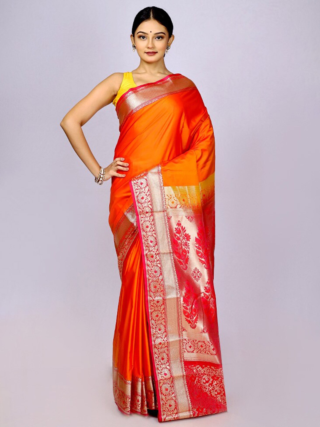 

AllSilks Ethnic Motifs Woven Design Zari Silk Blend Kanjeevaram Saree, Orange