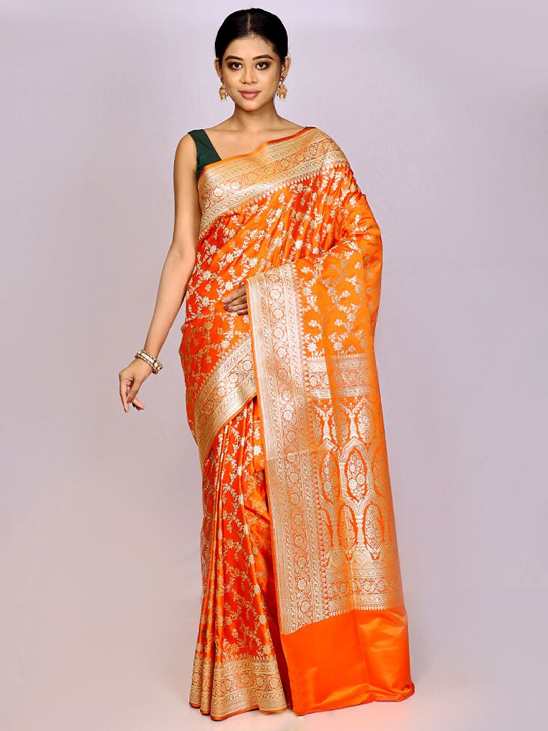 

AllSilks Orange & Gold-Toned Woven Design Zari Silk Blend Banarasi Saree