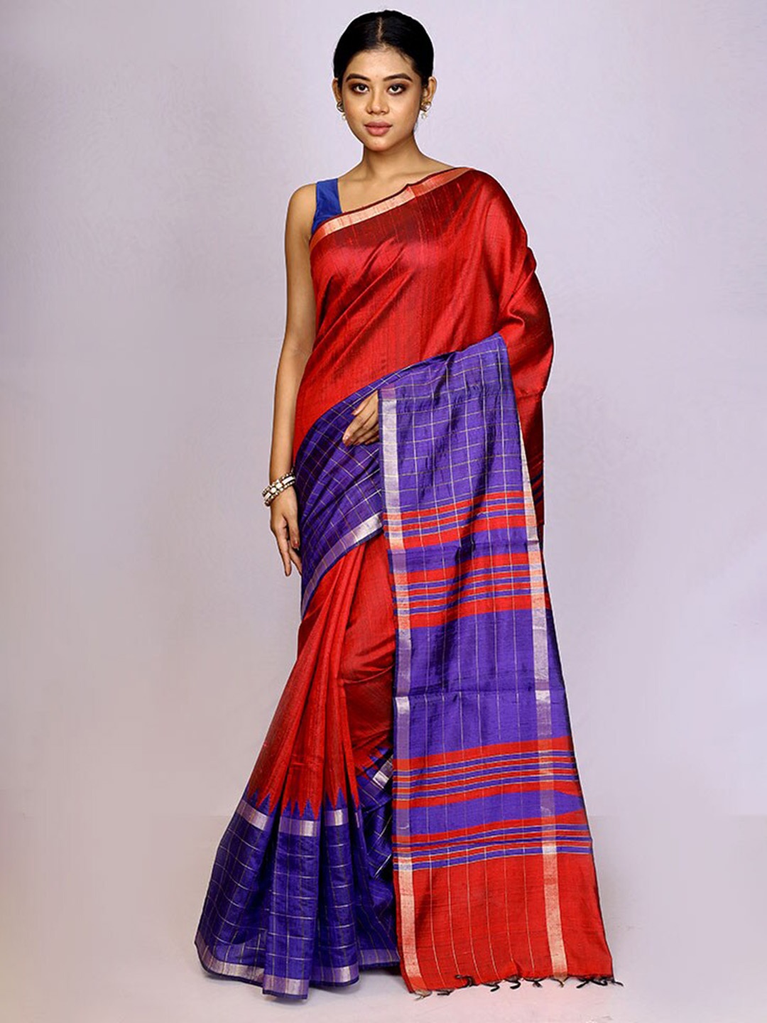 

AllSilks Checked Zari Tussar Saree, Red