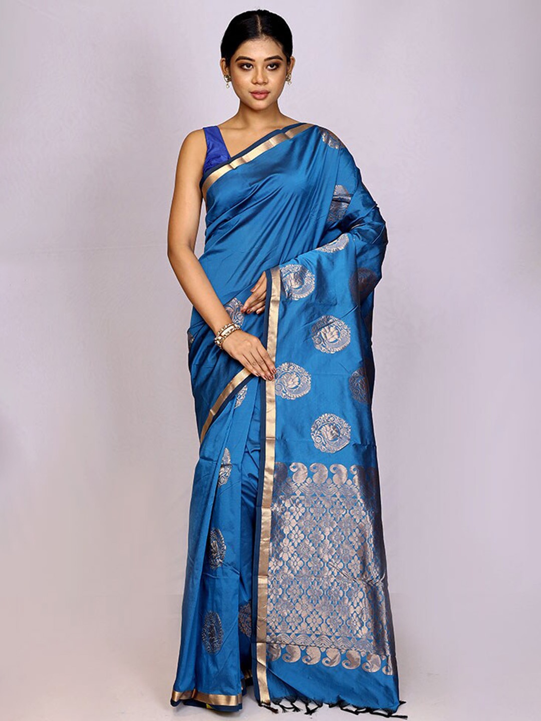

AllSilks Woven Design Zari Silk Blend Kanjeevaram Saree, Blue