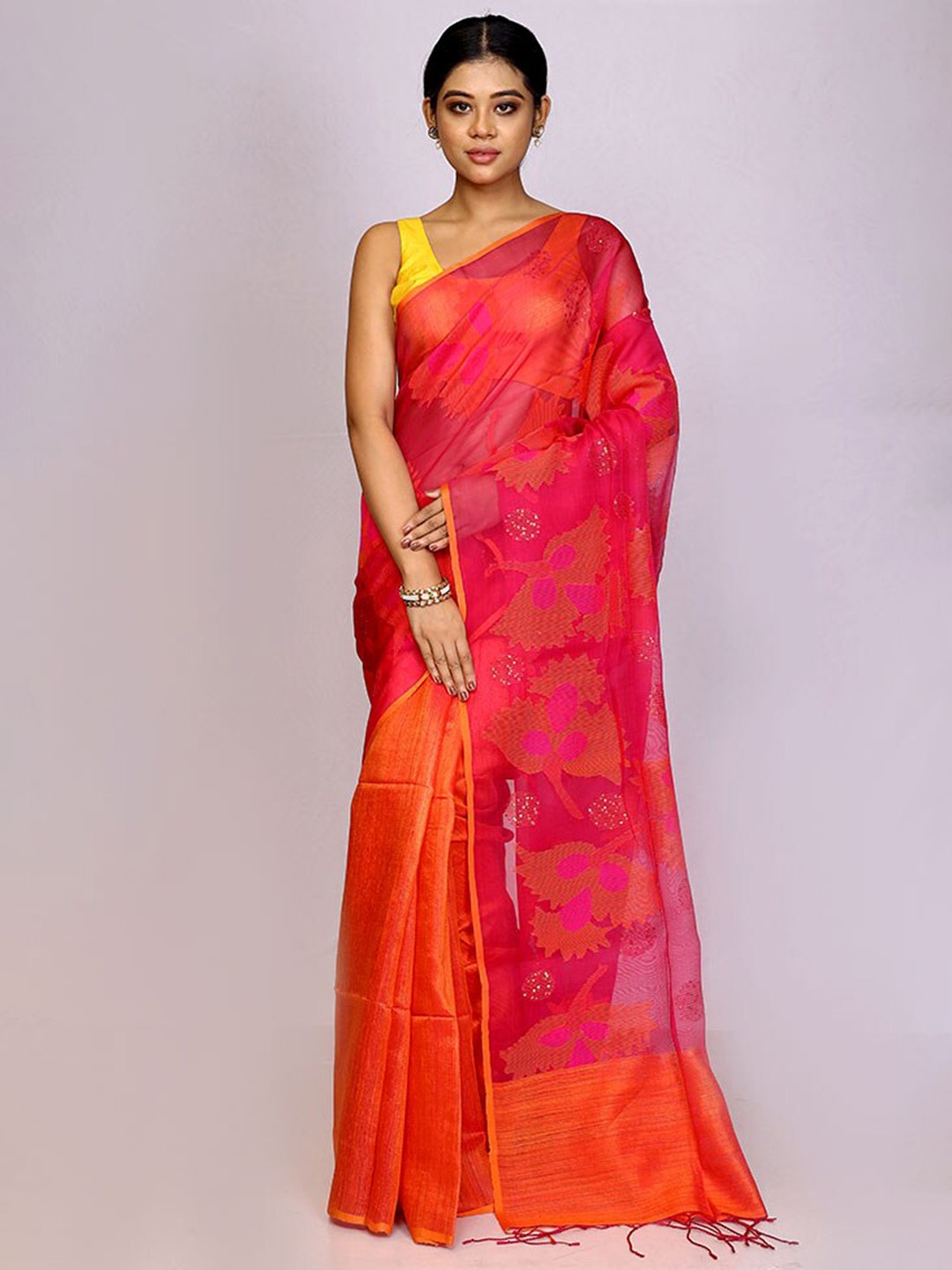 

AllSilks Floral Woven Design Beads & Stones Pure Silk Saree, Pink