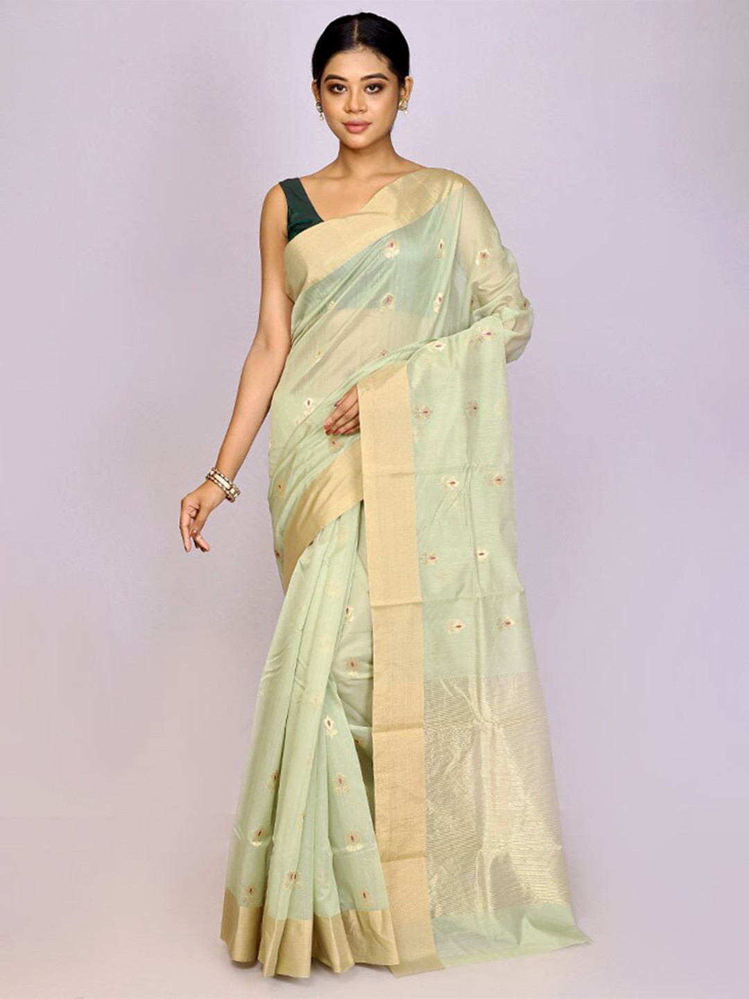 

AllSilks Floral Woven Design Zari Pure Silk Chanderi Saree, Green