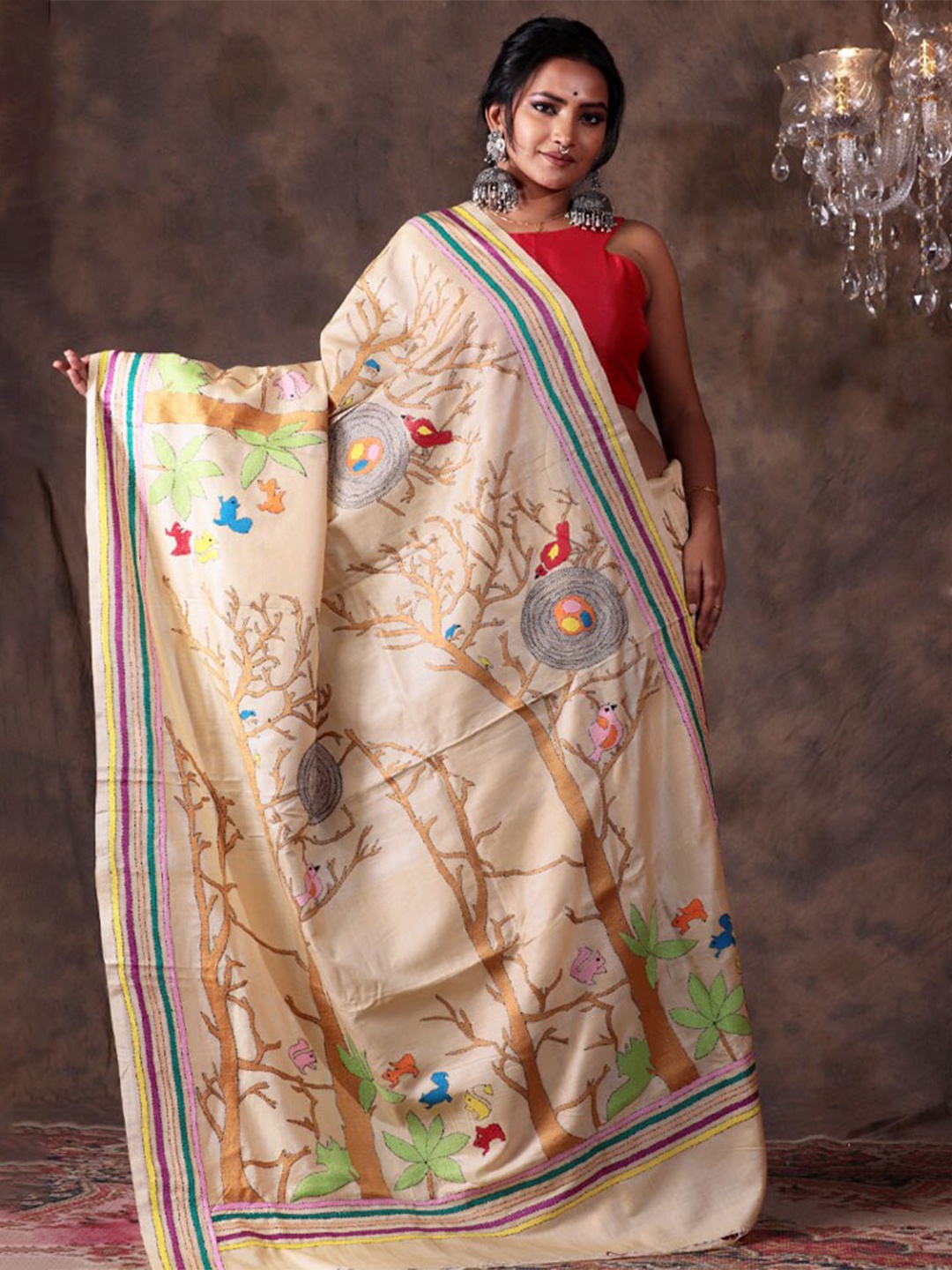 

AllSilks Ethnic Motifs Kantha Work Pure Silk Saree, Cream