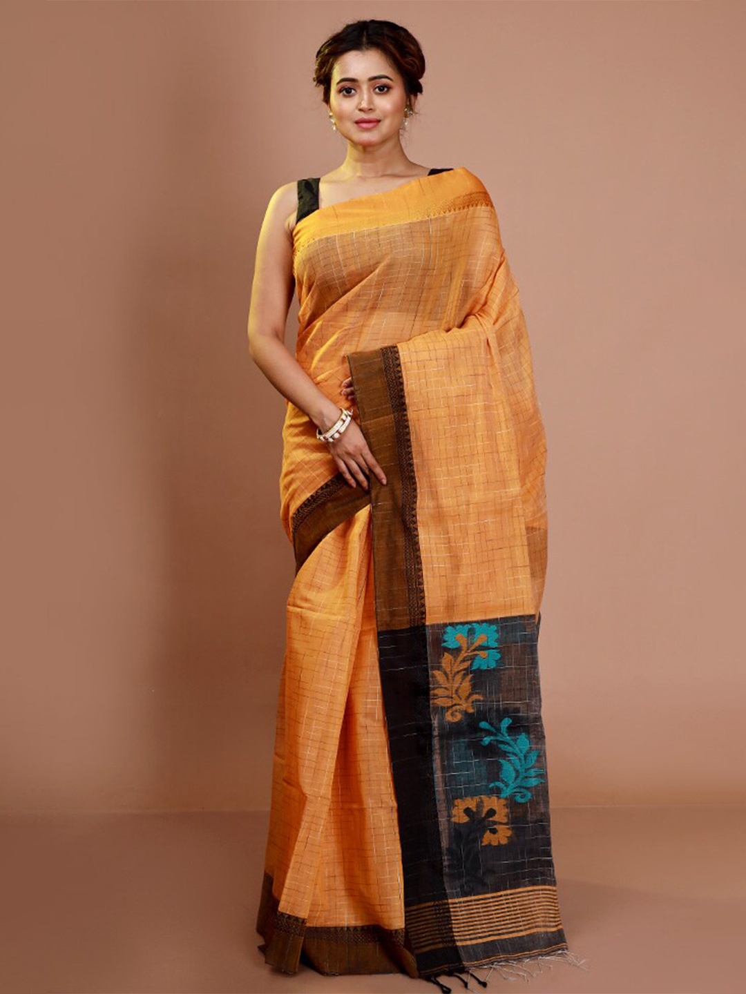 

AllSilks Checked Silk Blend Saree, Orange