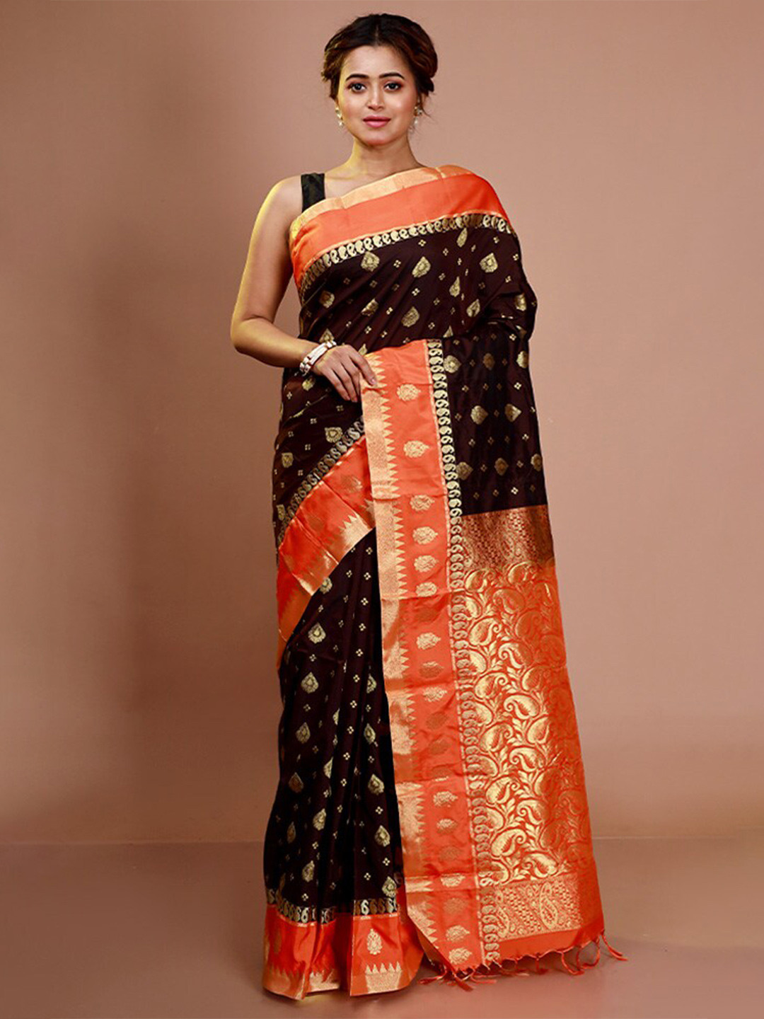 

AllSilks Woven Design Zari Silk Blend Kanjeevaram Saree, Brown