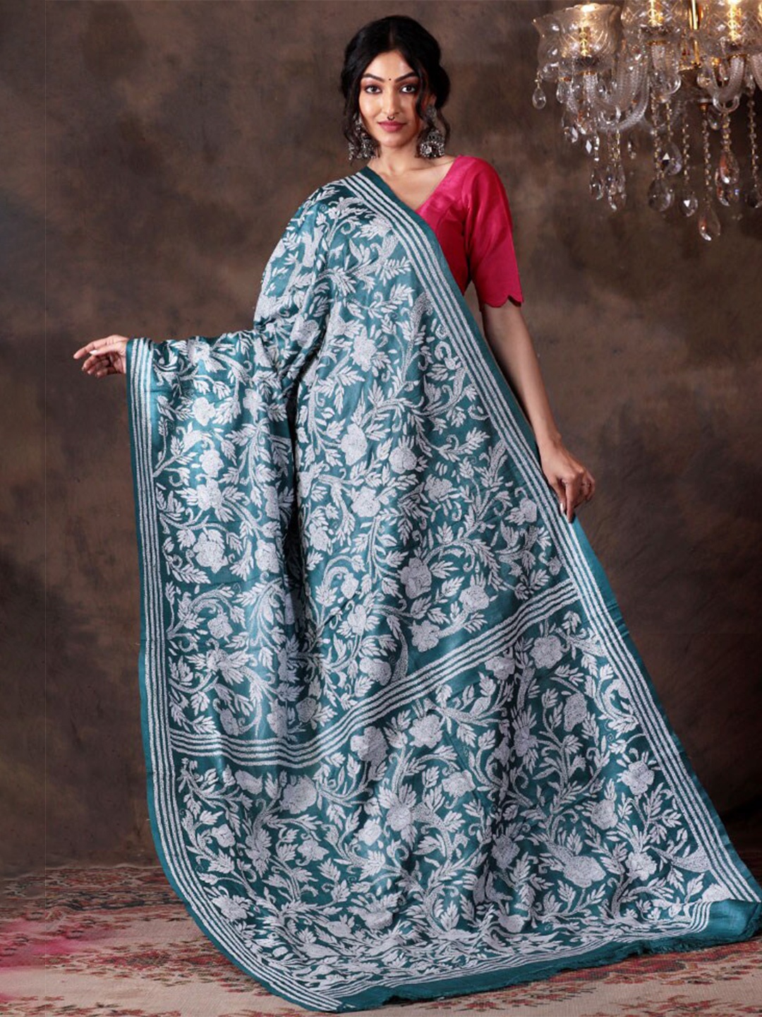 

AllSilks Floral Printed Kantha Work Pure Silk Saree, Blue