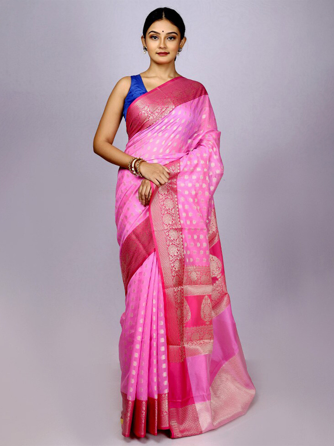 

AllSilks Ethnic Motifs Woven Design Zari Silk Cotton Saree, Pink