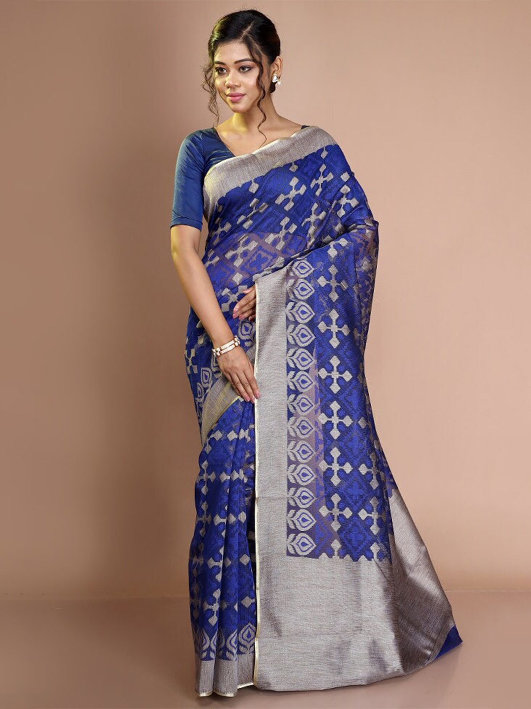 

AllSilks Woven Design Zari Net Saree, Blue