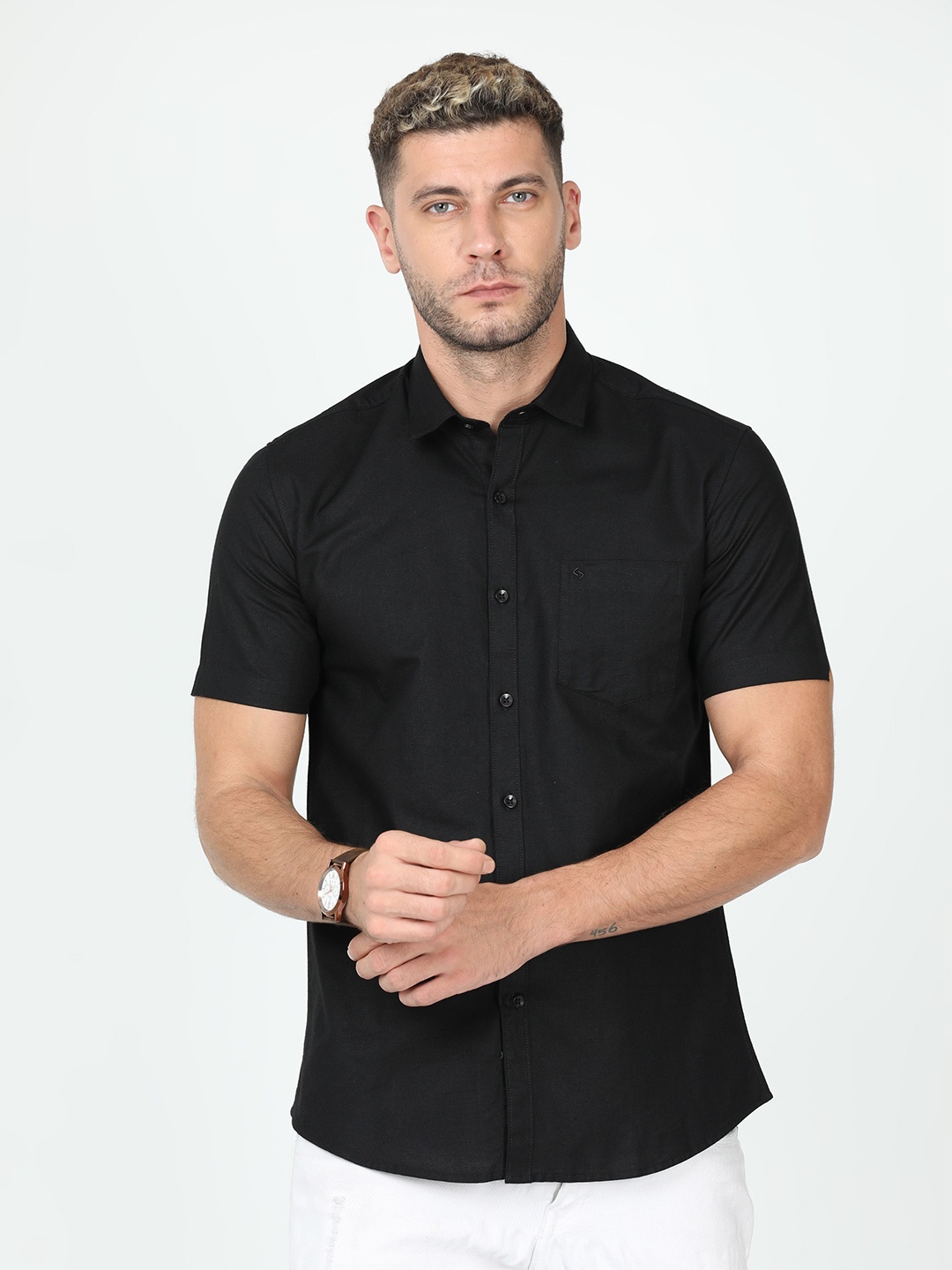 

Classic Polo India Slim Spread Collar Cotton Linen Shirt, Black