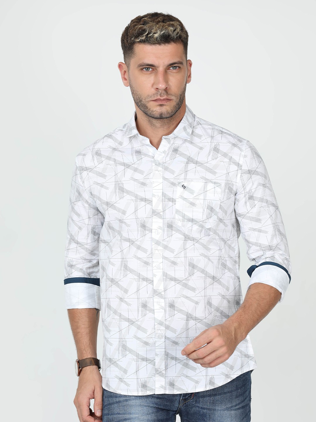 

Classic Polo India Slim Abstract Printed Cotton Casual Shirt, White