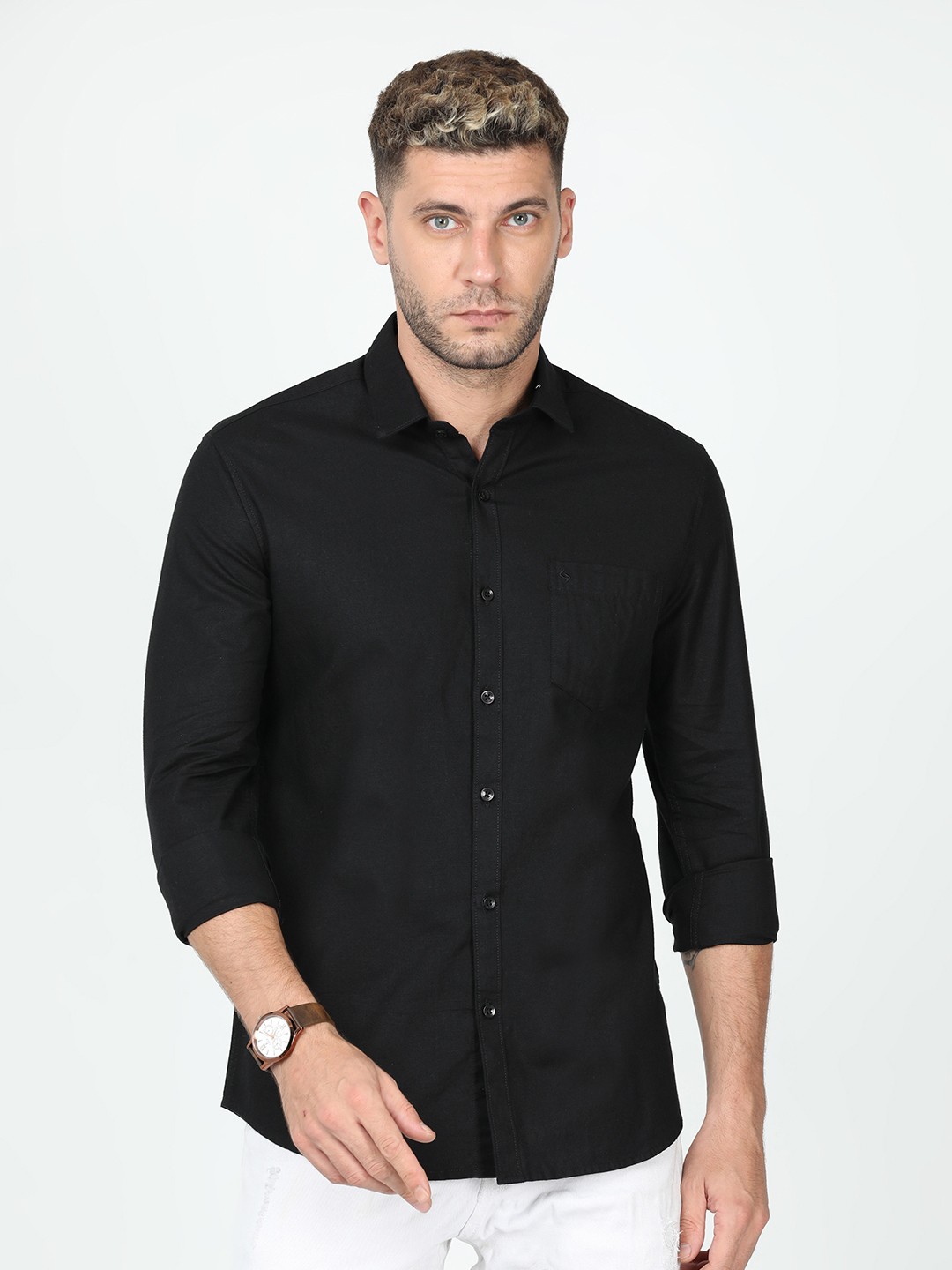 

Classic Polo India Slim Spread Collar Cotton Linen Shirt, Black