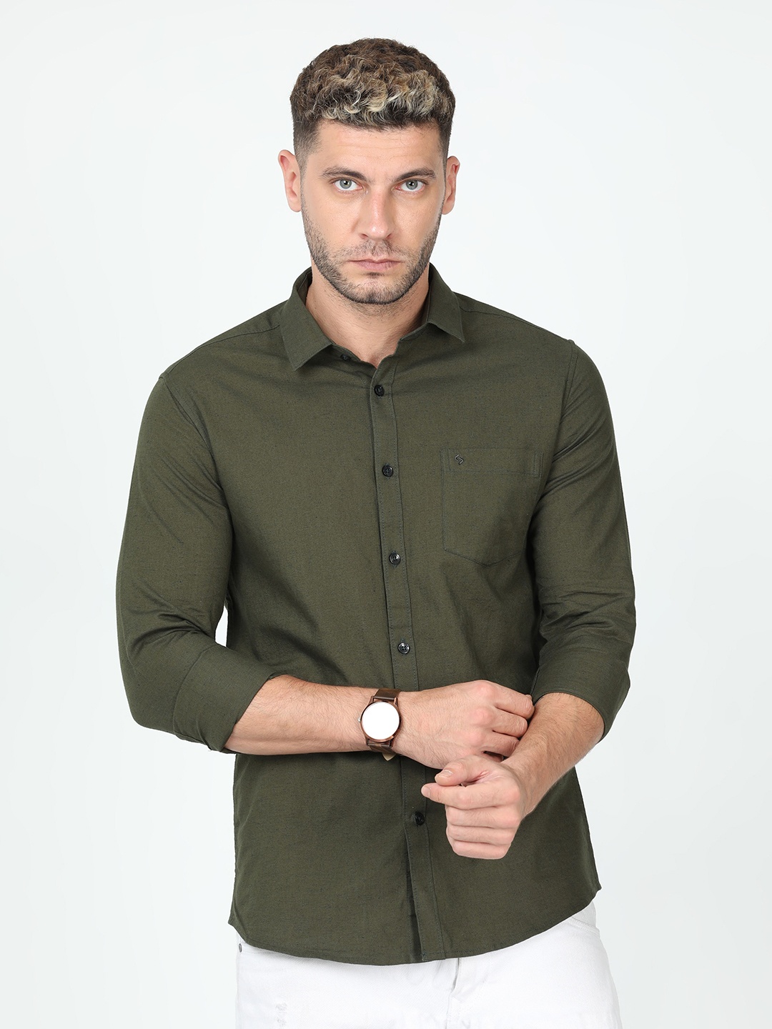 

Classic Polo India Slim Slim Fit Opaque Cotton Linen Casual Shirt, Olive