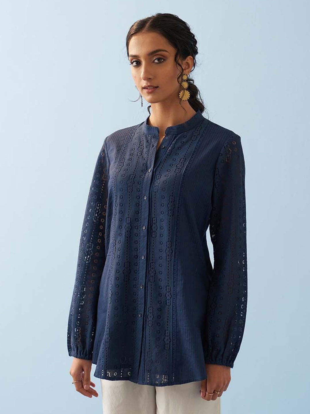 

Lakshita Mandarin Collar Self Design Tunic, Navy blue