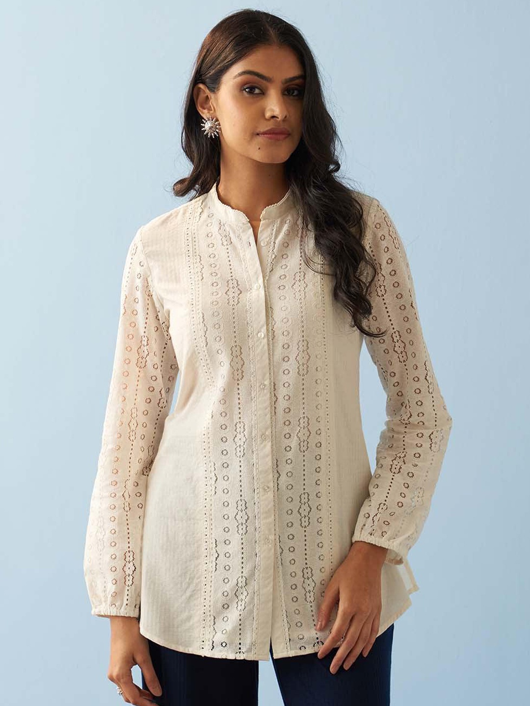 

Lakshita Mandarin Collar Self Design Tunic, White